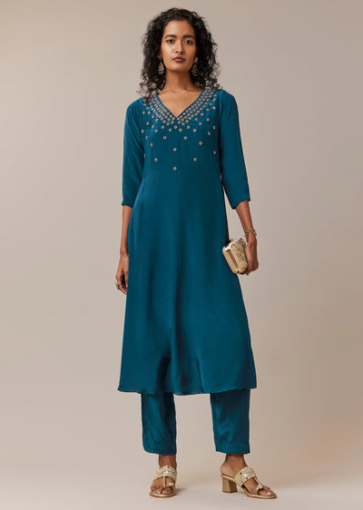Teal Blue Zardozi Work Kurta and Pant Set