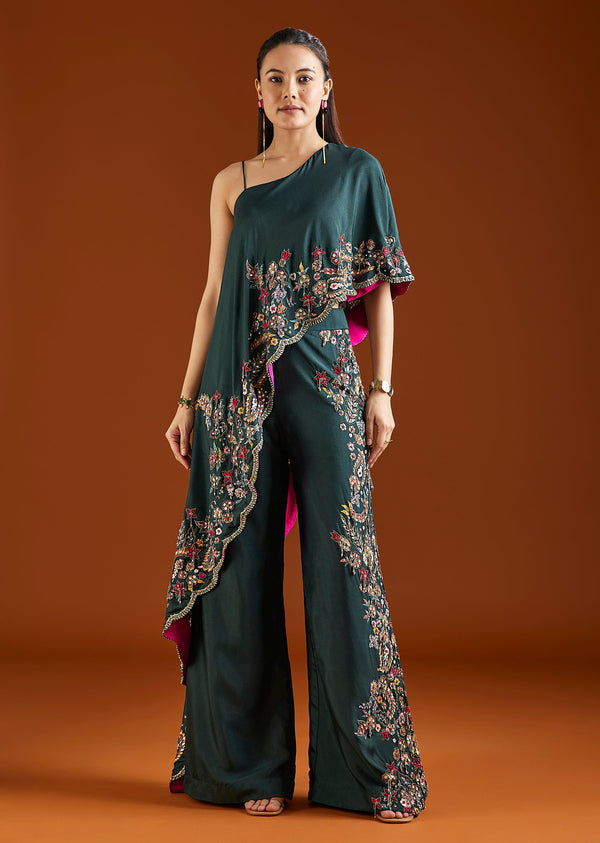 Teal Green Asymmetric Silk Blend Crop Top Palazzo Set