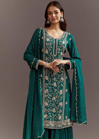 Teal Green Cutdana And Sequins Kurta Sharara With Dupatta