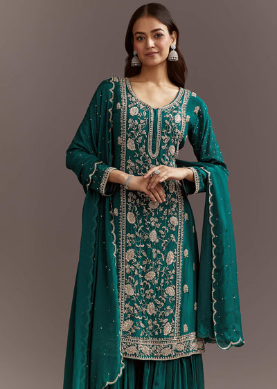 Teal Green Cutdana And Sequins Kurta Sharara With Dupatta