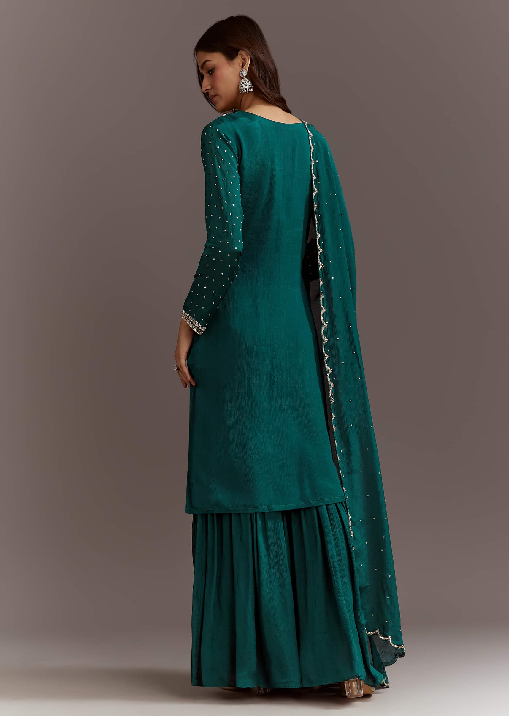Teal Green Cutdana And Sequins Kurta Sharara With Dupatta
