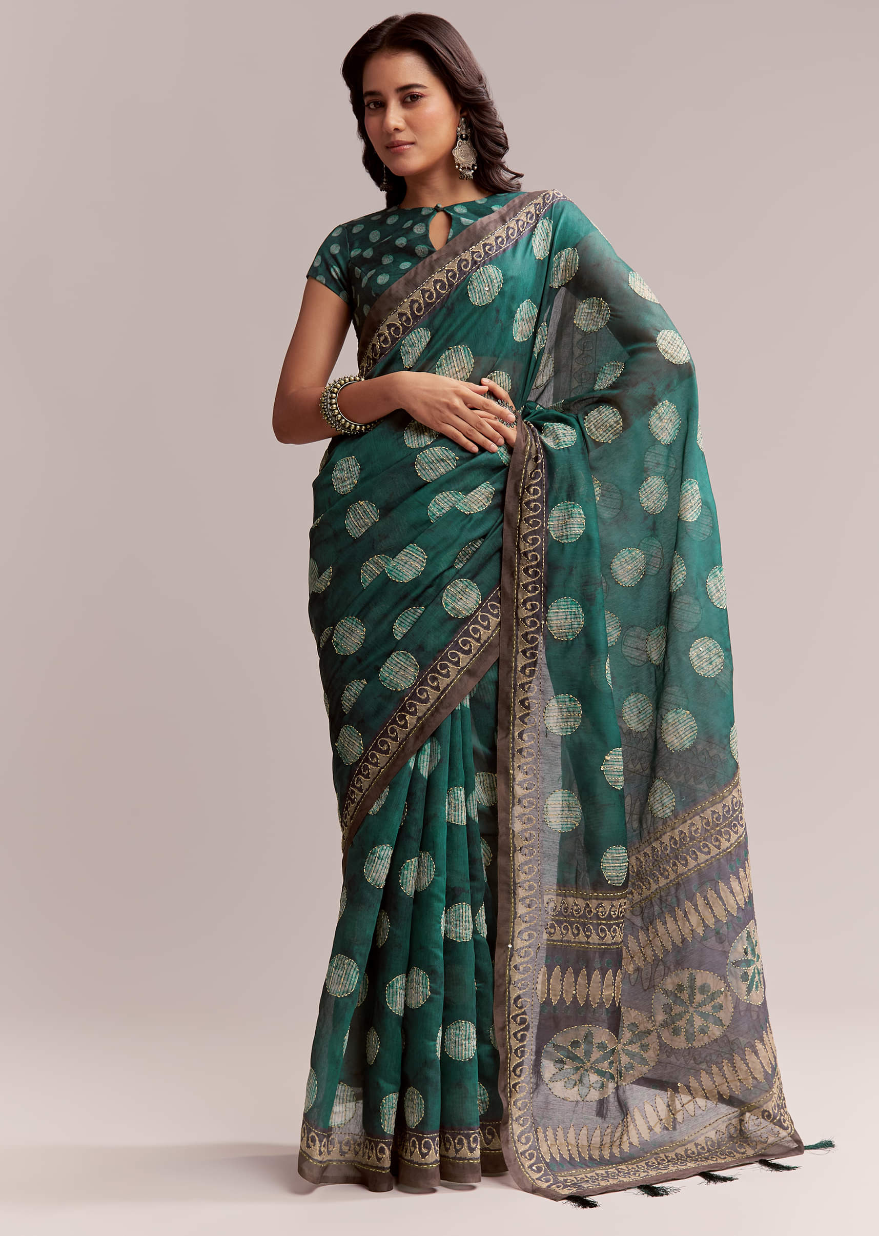 Teal Green Linen Printed Saree With Handcrafted Ajrakh Work
