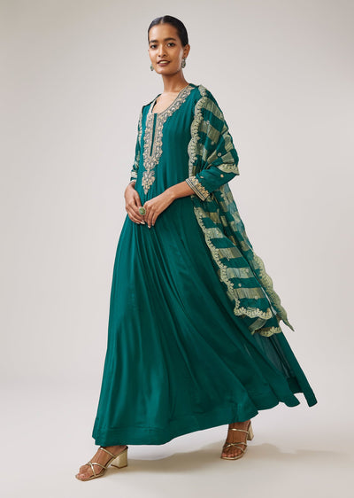 Green Zardozi Chinon Anarkali Suit With Dupatta