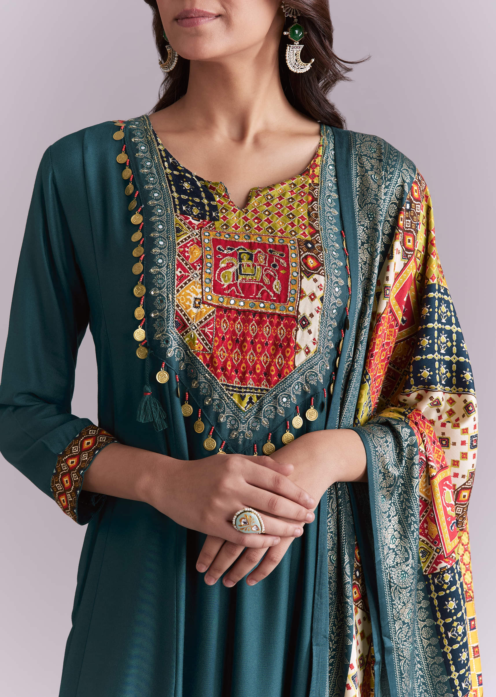 Teal Silk Anarkali Suit With Embroidery And Printed Patch Work