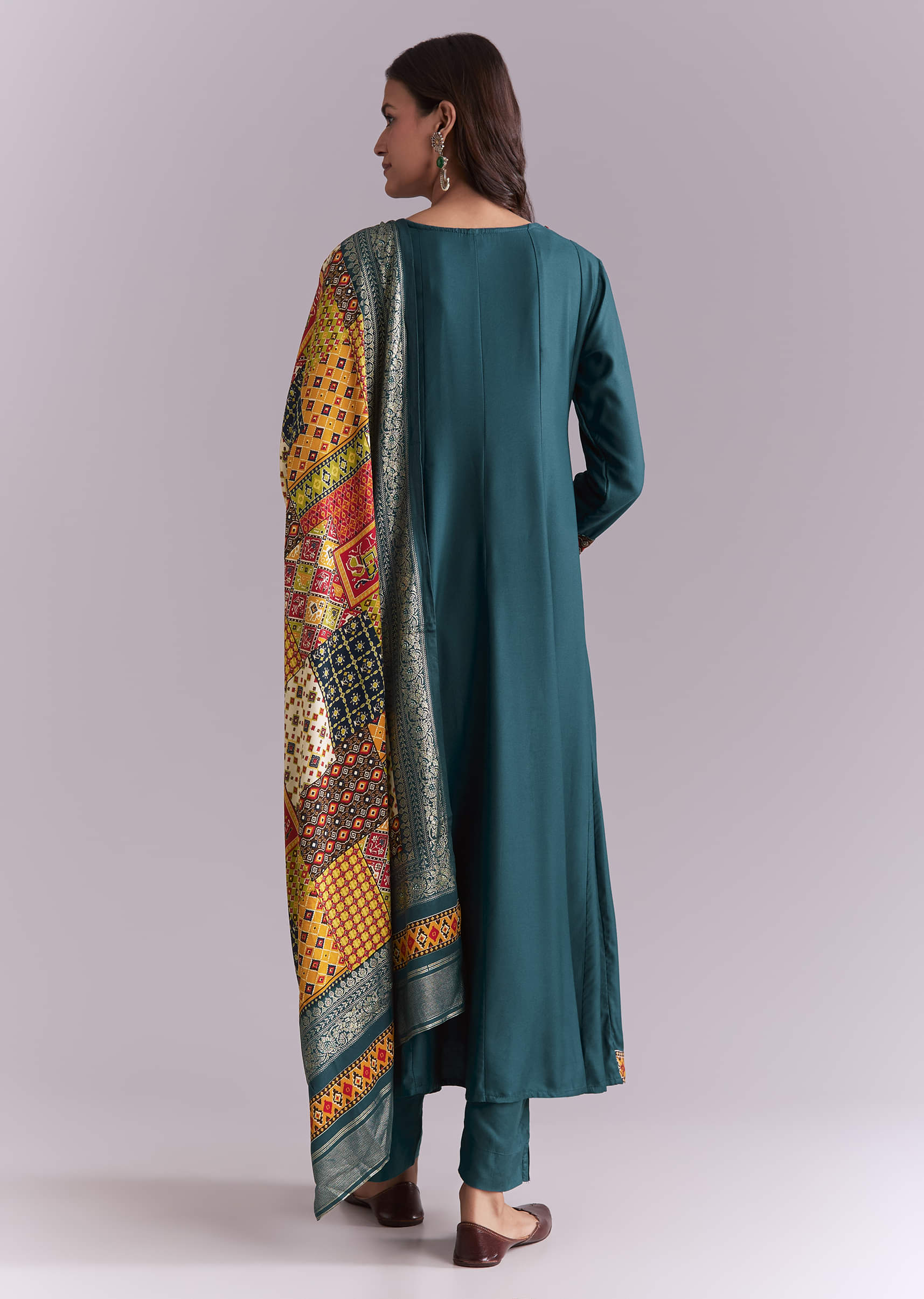 Teal Silk Anarkali Suit With Embroidery And Printed Patch Work