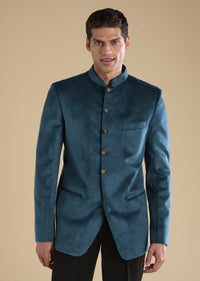 Teal Suede Tuxedo Set With Shirt And Trousers