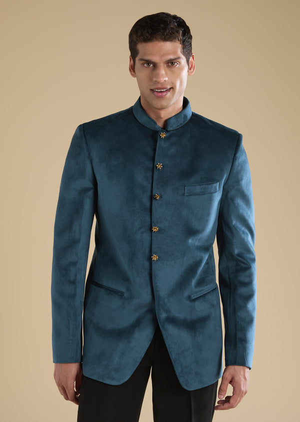 Teal Suede Tuxedo Set With Shirt And Trousers