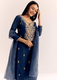 Teal Zardosi Work Kurta Pant With Dupatta