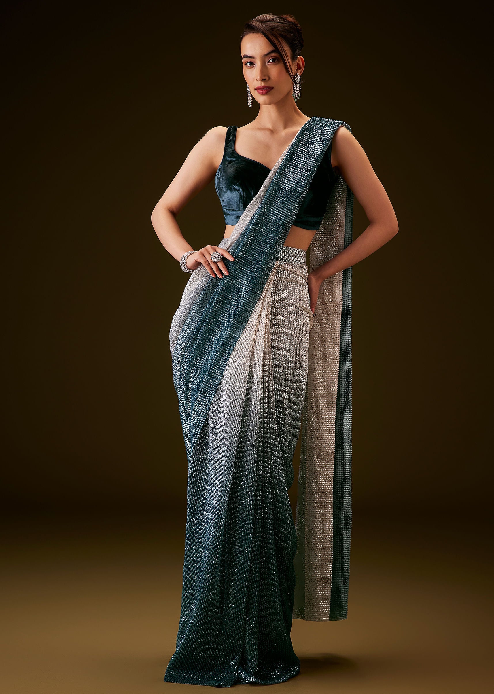 Teal And Cream Ombre Sequin Velvet Saree