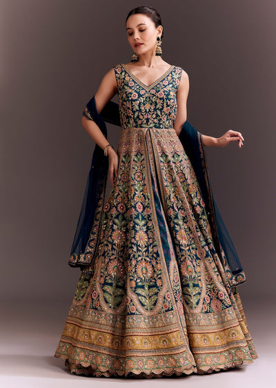 Teal Blue Floral Embroidered Anarkali With Net Dupatta