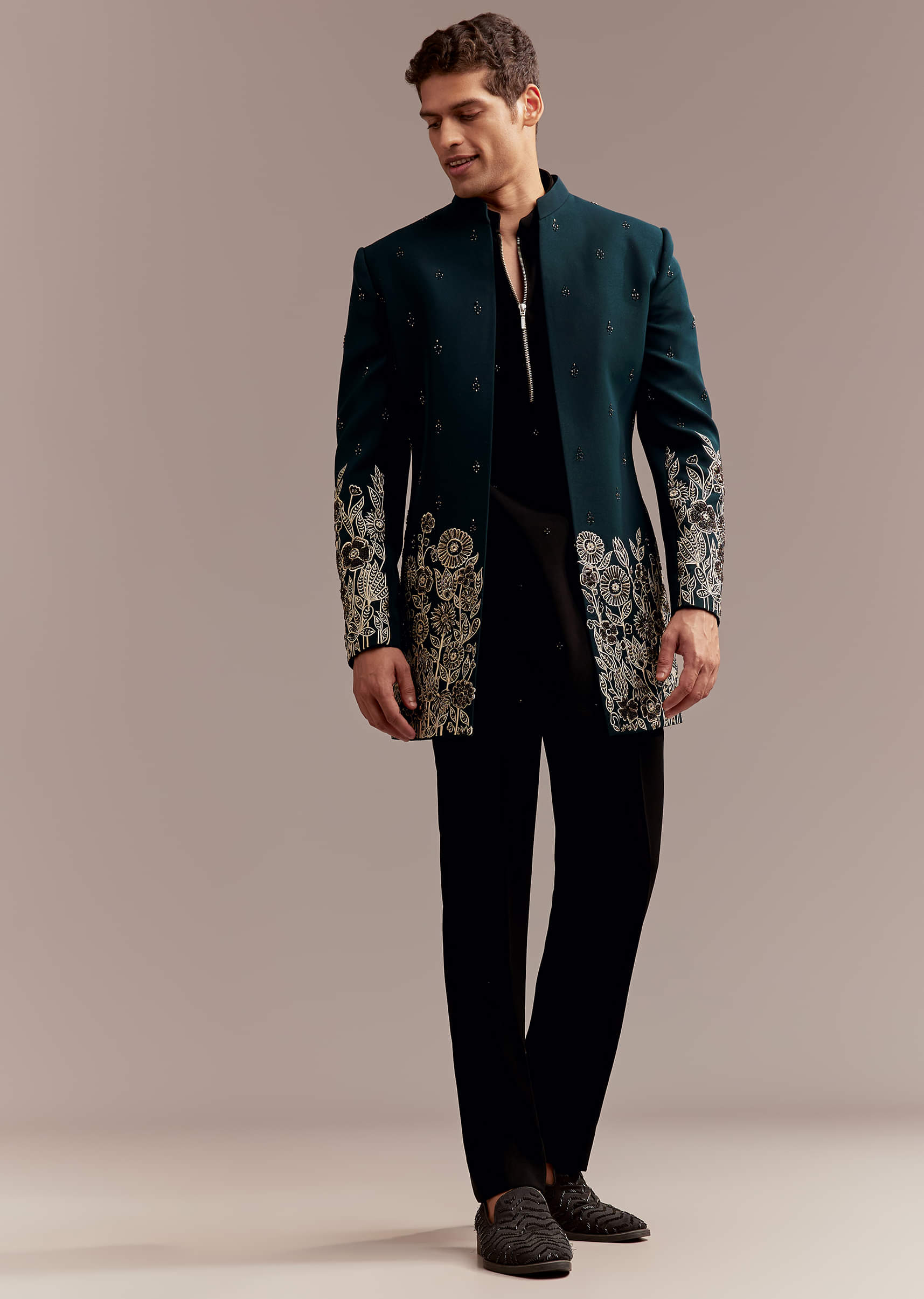 Teal Blue Indo Western Set For Men With Ivory Floral Embroidery