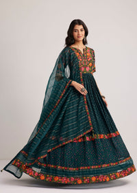 Teal Green Silk Bandhani Anarkali With Organza Dupatta