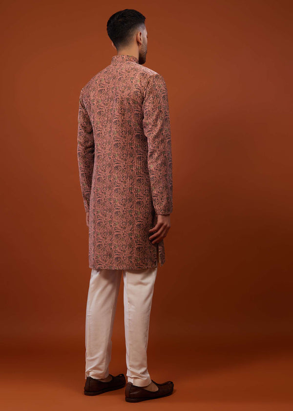 Peach Pink Floral Embroidered Kurta Set In Suede Velvet