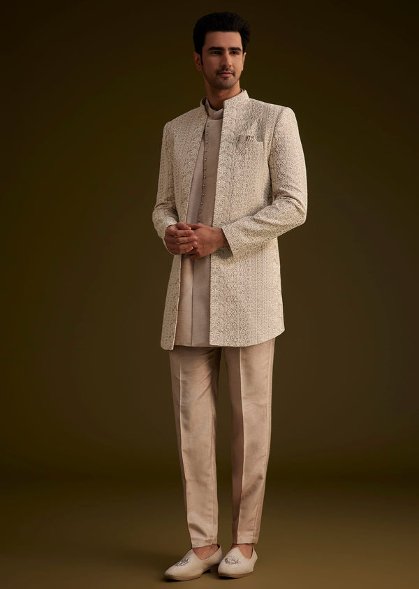 Brown Silk Open Style Sherwani Set With Resham Thread Work