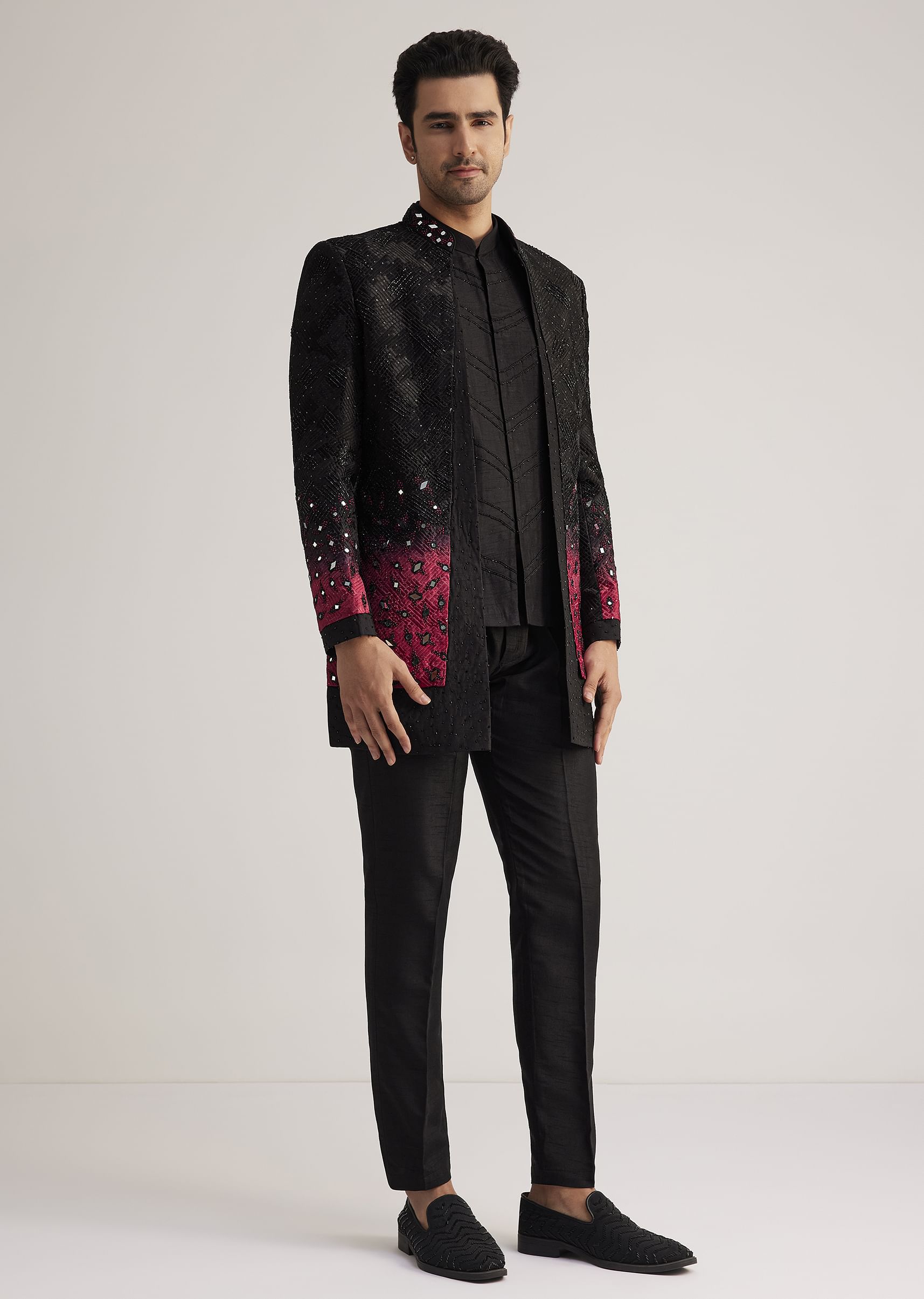 Black And Red Silk Jacket Set With Mirror And Thread Detailing