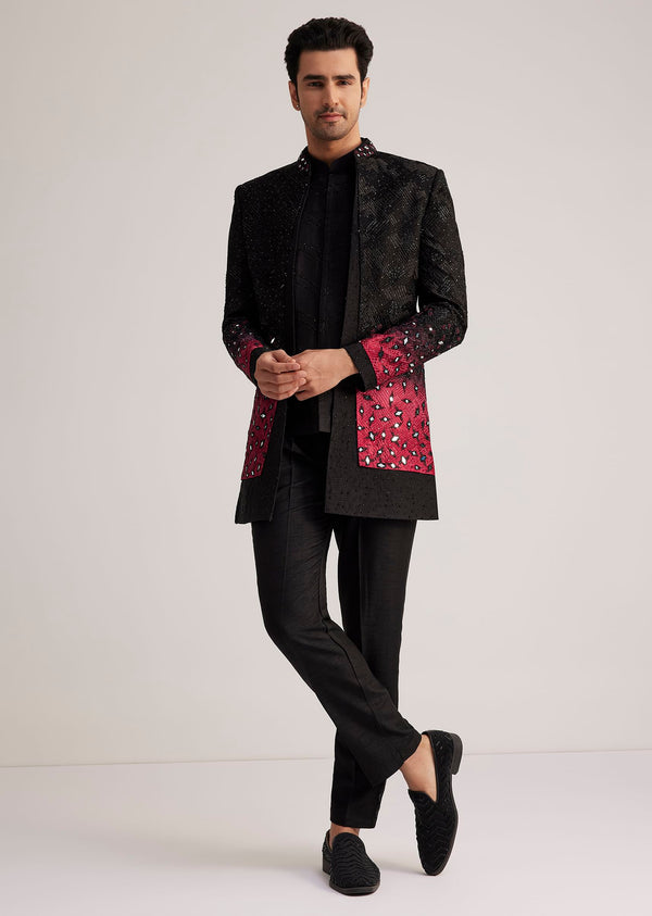 Black And Red Silk Jacket Set With Mirror And Thread Detailing