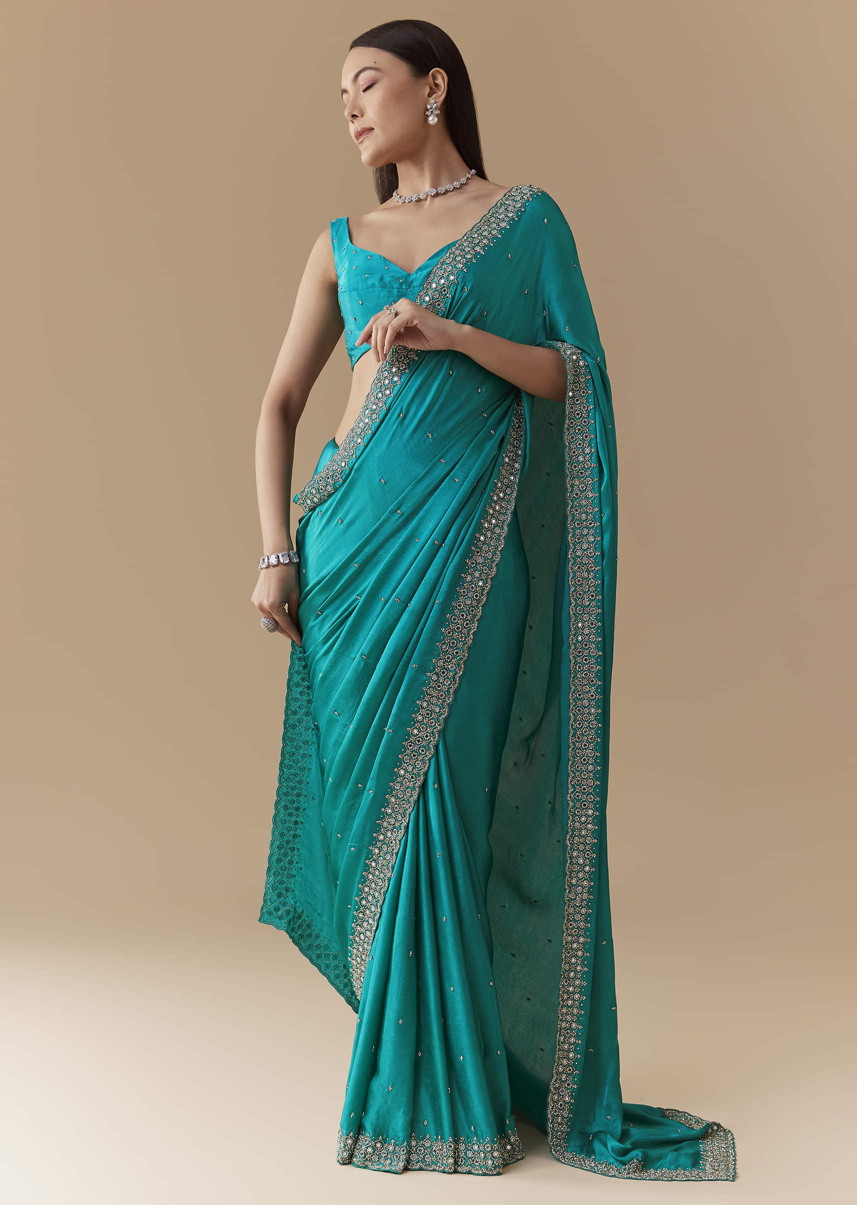 Turquoise Blue Embellished Saree with Unstitched Blouse