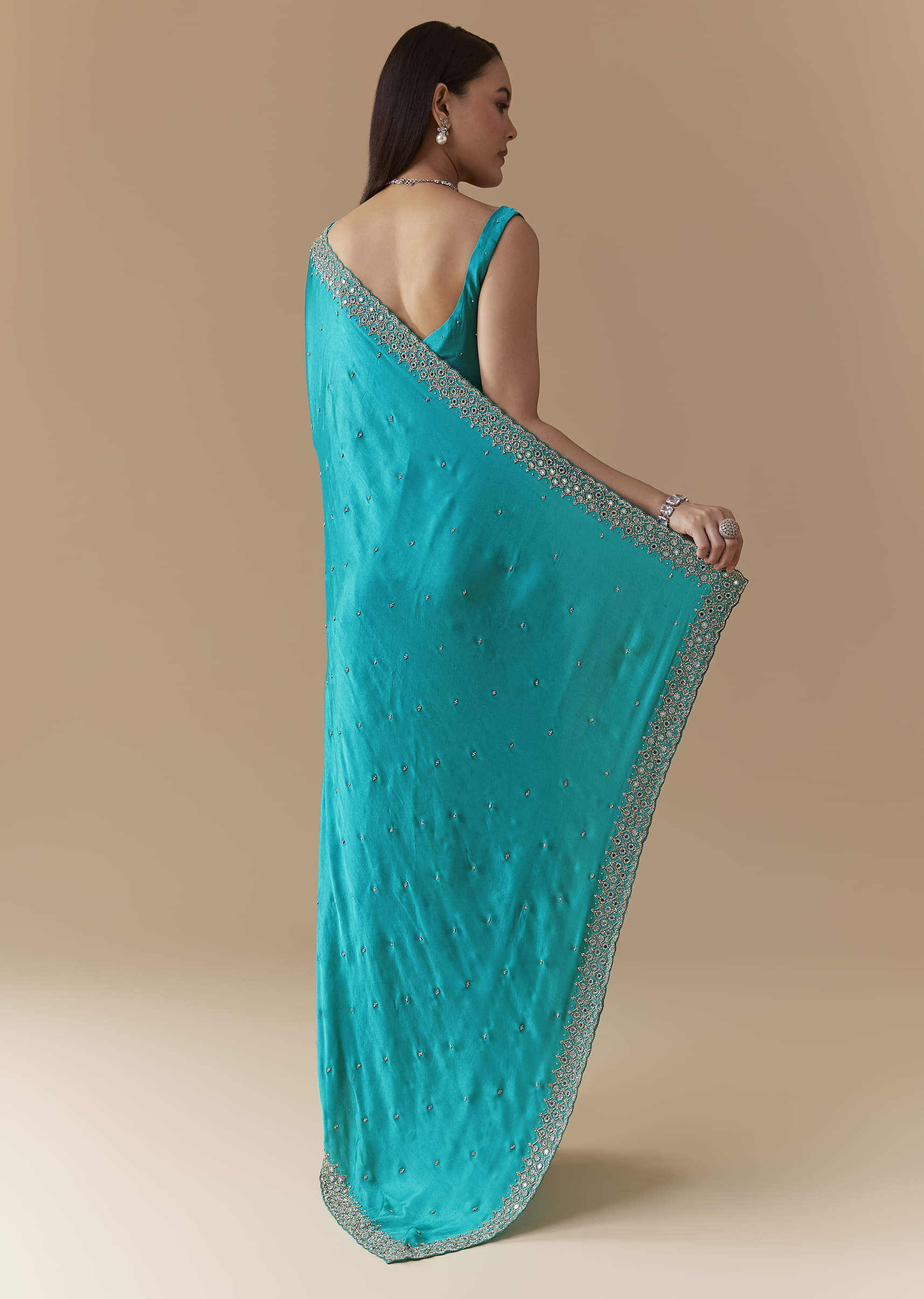 Turquoise Blue Embellished Saree with Unstitched Blouse