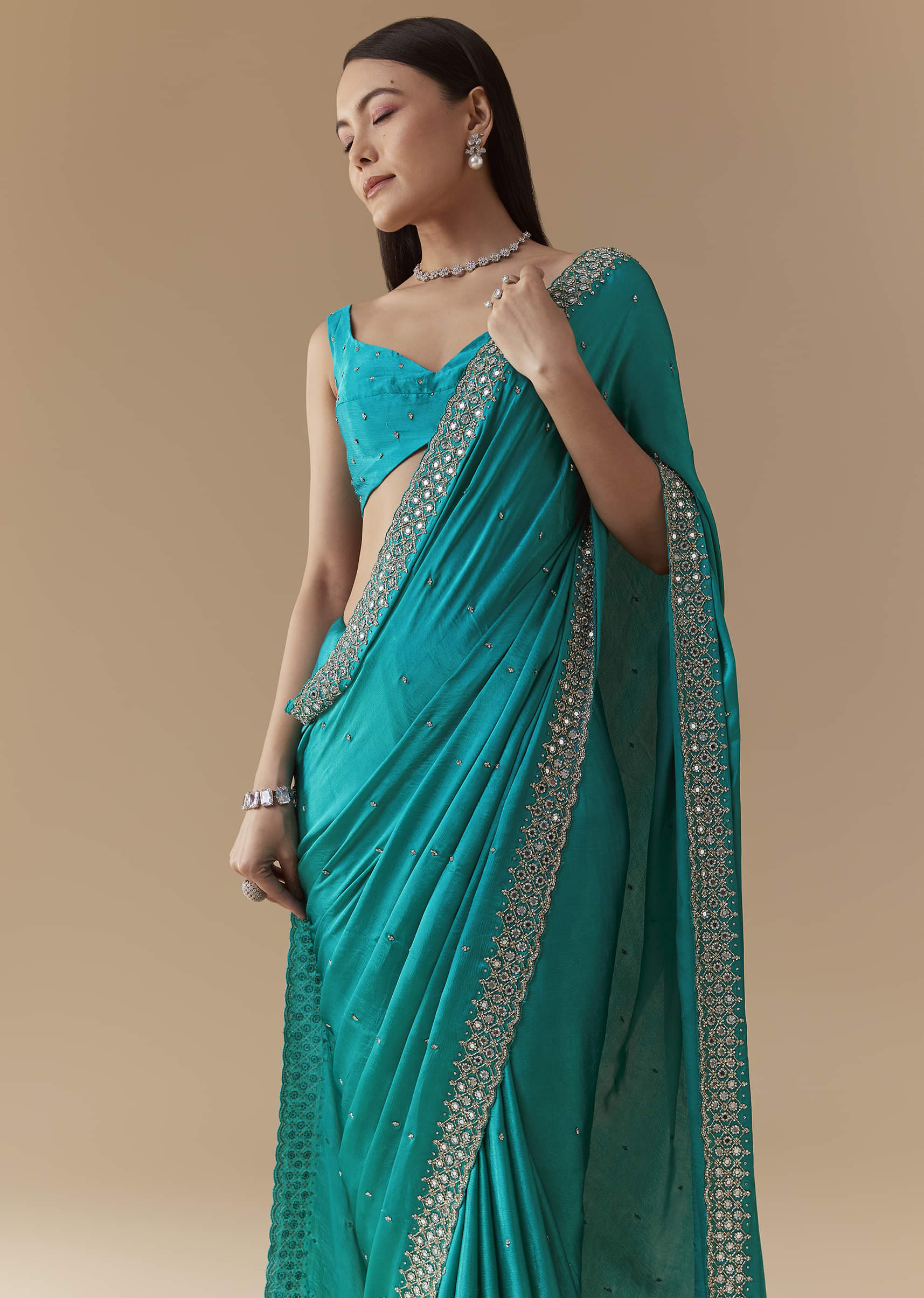 Turquoise Blue Embellished Saree with Unstitched Blouse