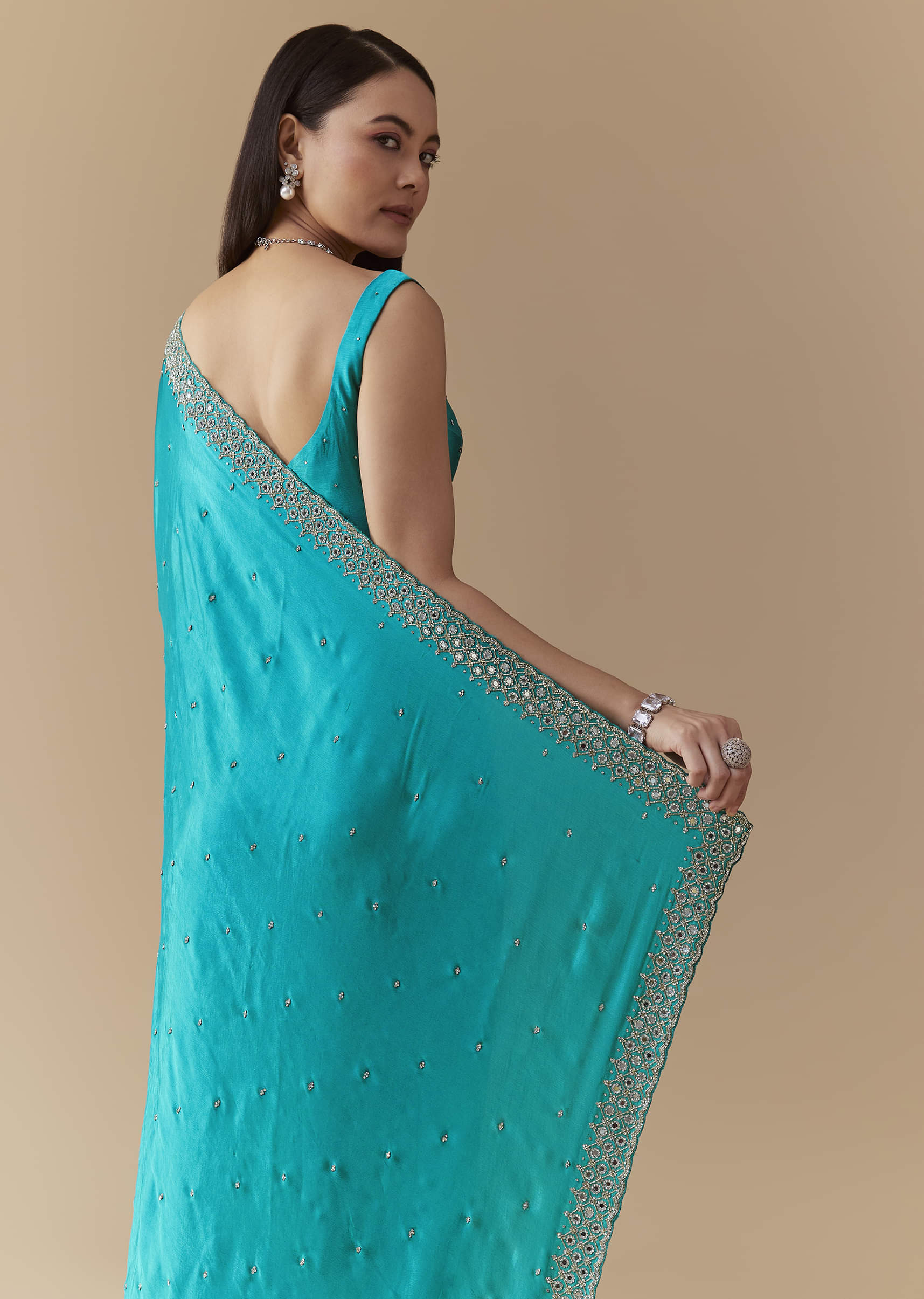 Turquoise Blue Embellished Saree with Unstitched Blouse