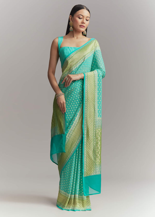Turquoise Georgette Woven Saree With Parrot Green Contrast Work