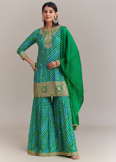 Turquoise Green Chinon Leheriya Embroidered Sharara Set