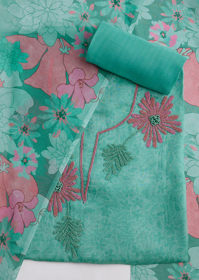 Turquoise Organza Bead Work Unstitched Suit Set With Printed Dupatta