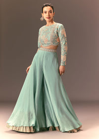 Turquoise Blue Raw Silk Hand Work Palazzo Suit