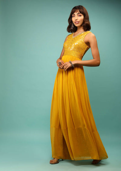 Tuscan Yellow Jumpsuit In Georgette With Sequins Embroidered Bodice And Pear Edged V Neckline