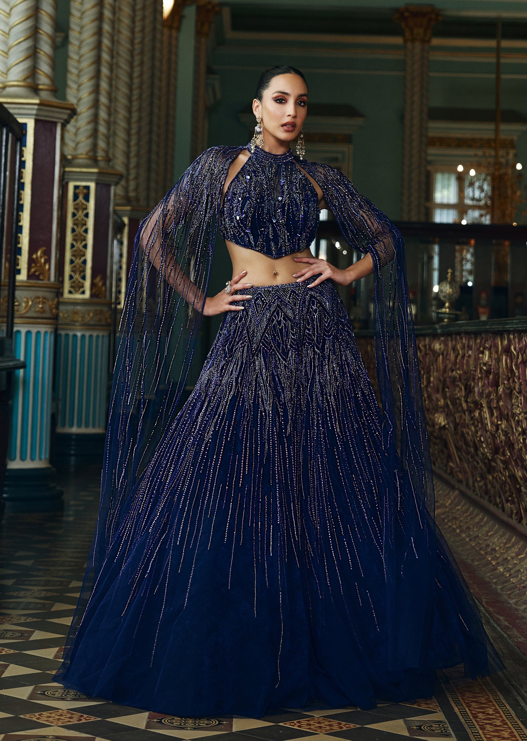 Velvet Hand Embroidered Indo Western Lehenga With Beaded Motifs