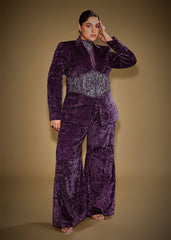 Violet Embroidered Velvet Blazer Set With Polo Neck Top And Pants