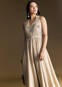 Warm Grey Indowestern Jumpsuit With Cut Dana And Sequin Embroidery