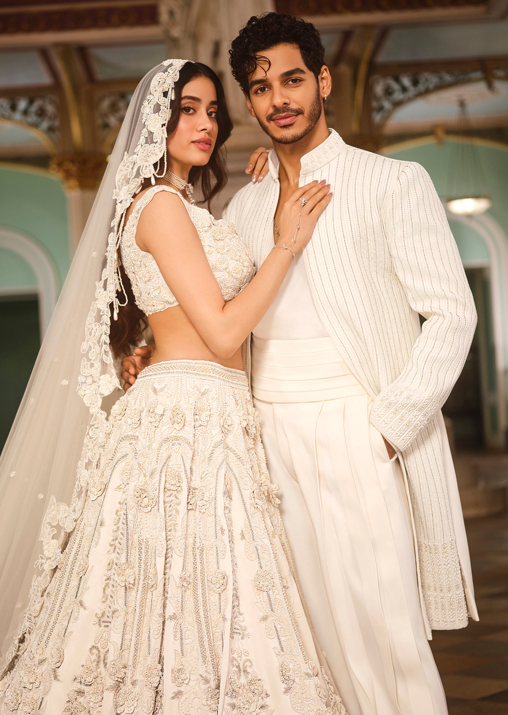 Off White Bridal Lehenga For Her & Ivory Hand Embroidered Indo Western Sherwani For Him