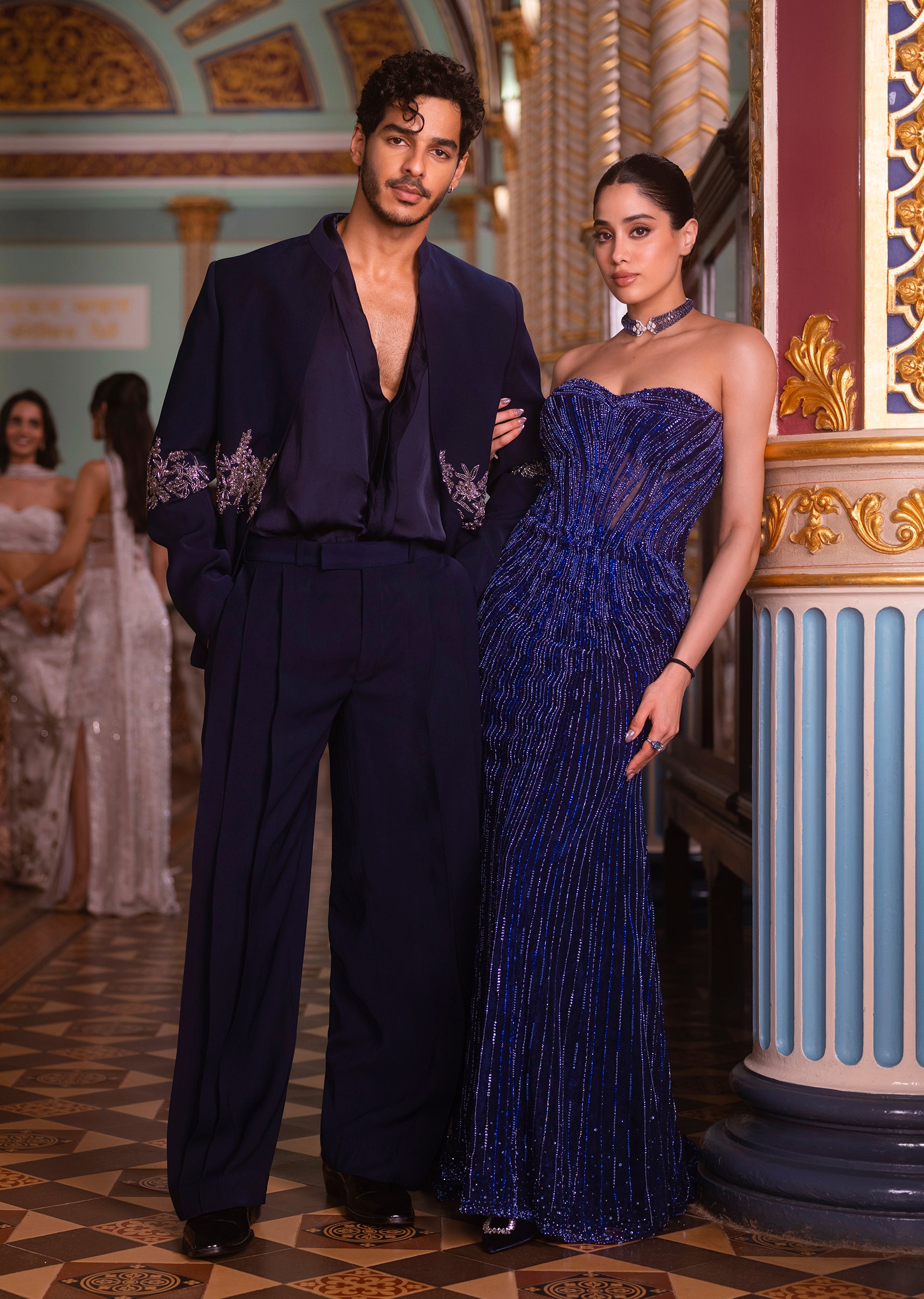 Blue Strapless Embellished Gown For Her & Crystal Embroidered Tuxedo For Him