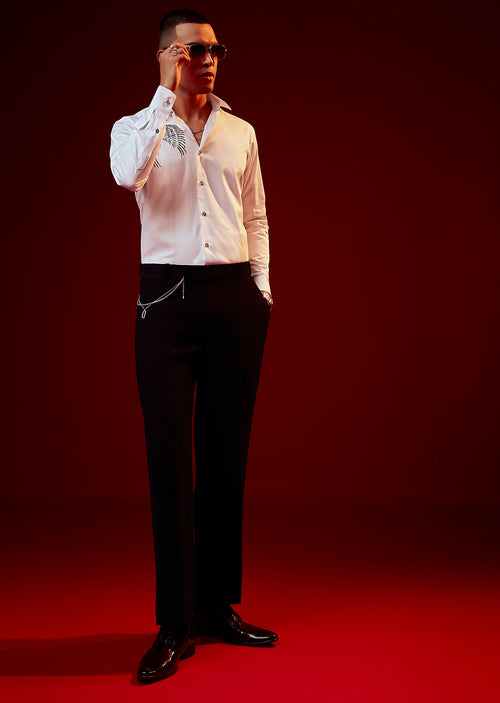 White Bead Embroidered Mandarin Collar Shirt