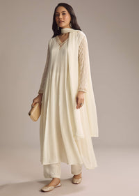 White Chinon Anarkali Suit With Cutdana And Sequins Work