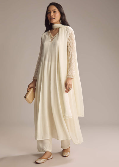 White Chinon Anarkali Suit With Cutdana And Sequins Work