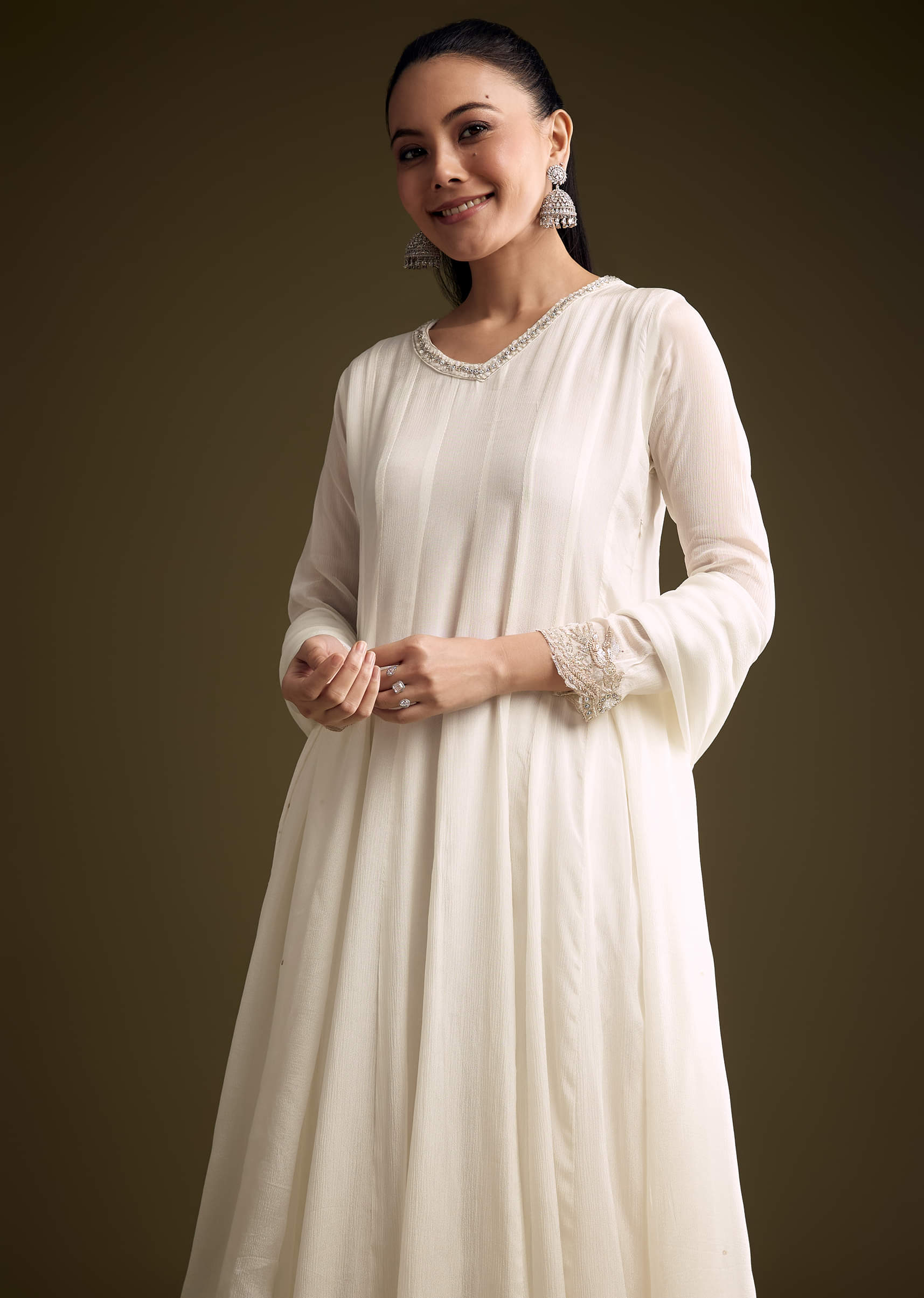 White Chinon Anarkali Suit With Sequin Embroidery