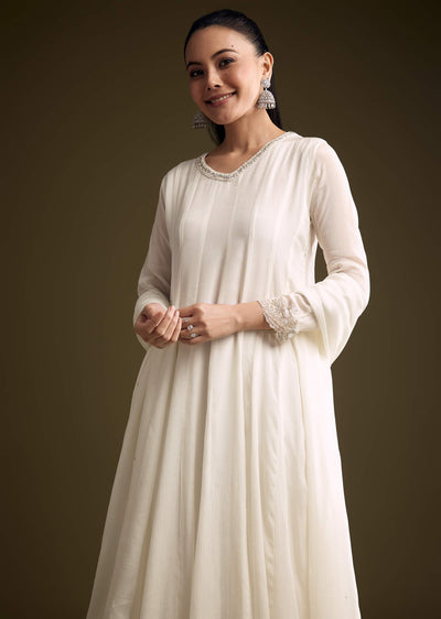 White Chinon Anarkali Suit With Sequin Embroidery