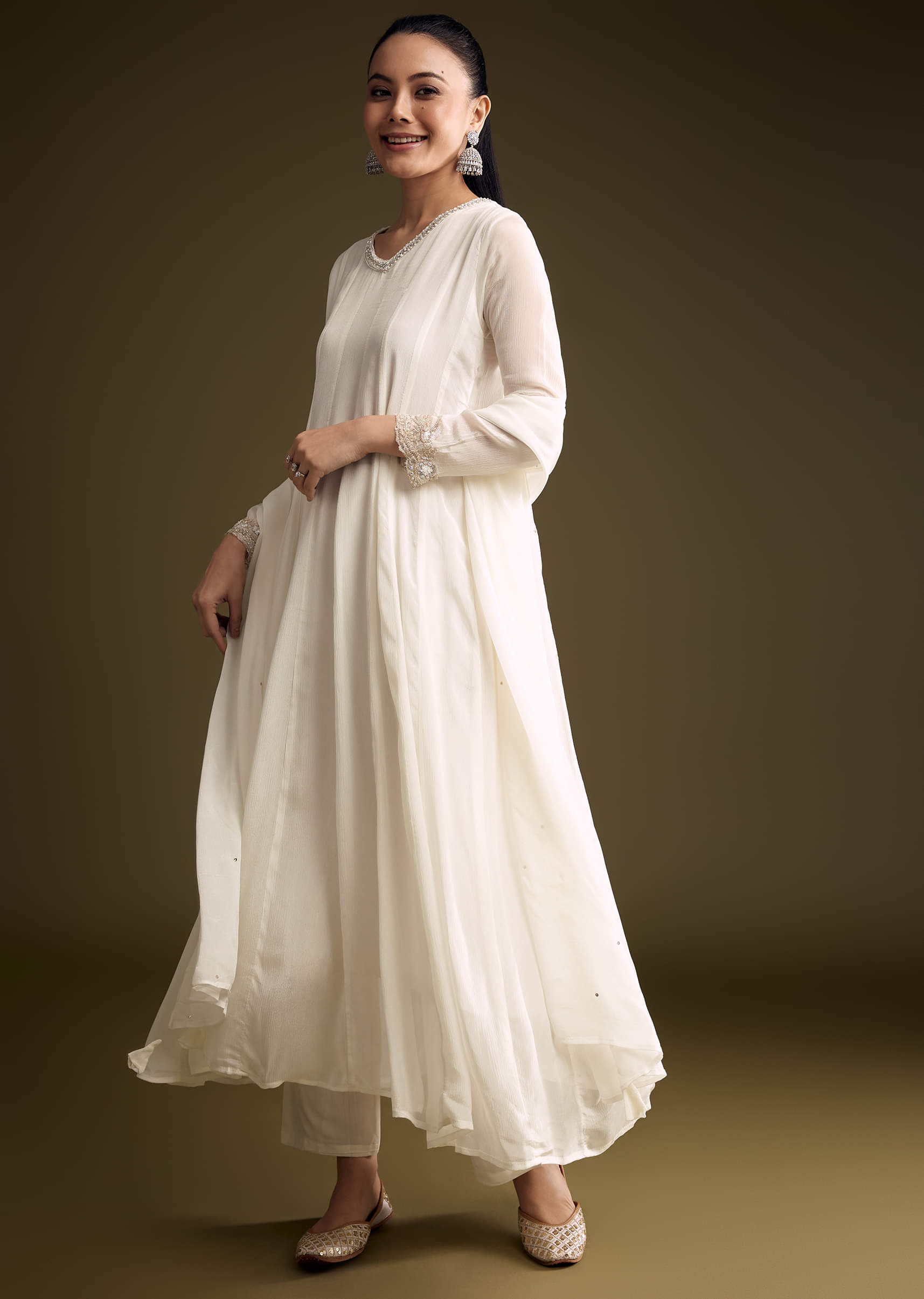 White Chinon Anarkali Suit With Sequin Embroidery