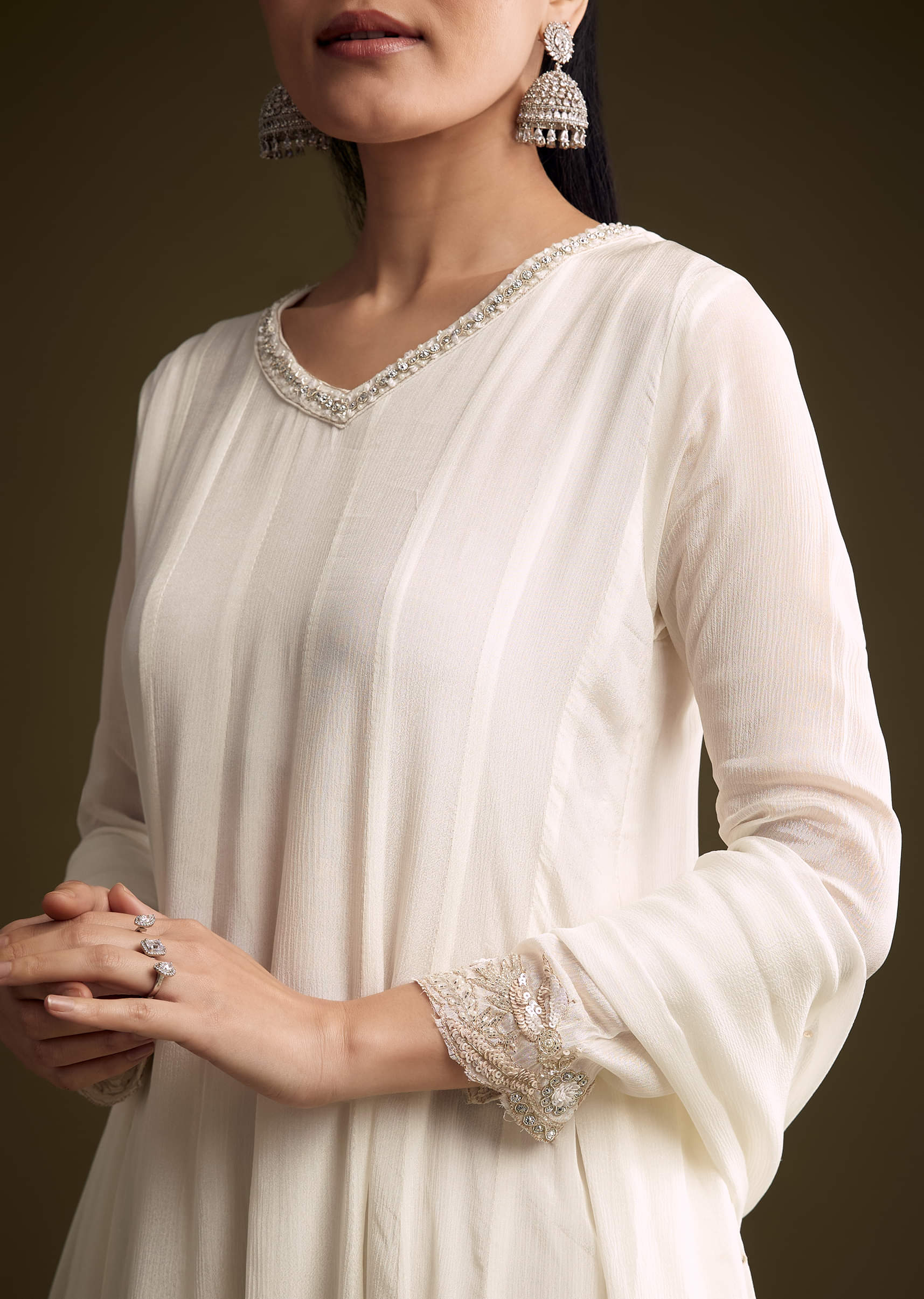 White Chinon Anarkali Suit With Sequin Embroidery