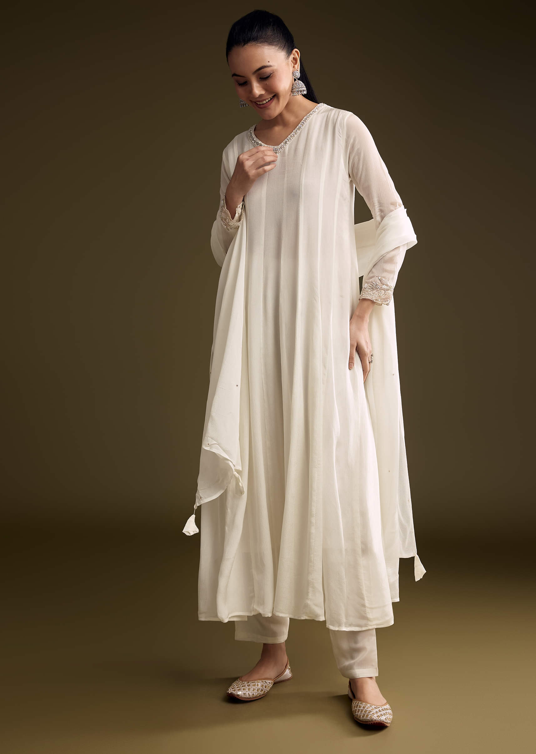 White Chinon Anarkali Suit With Sequin Embroidery