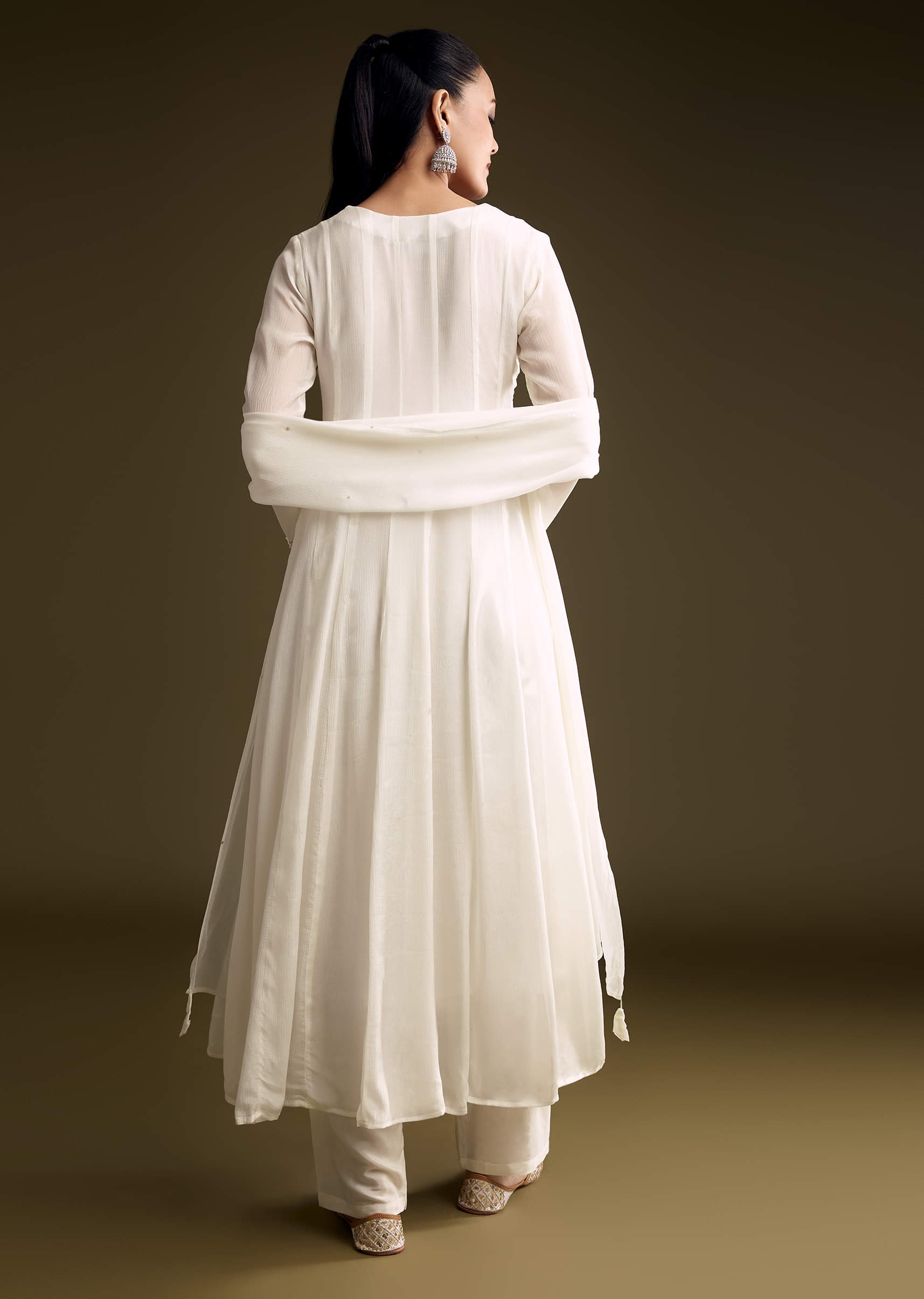 White Chinon Anarkali Suit With Sequin Embroidery