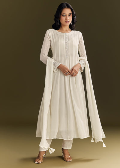 White Chinon Beaded Sequin Anarkali Suit With Dupatta