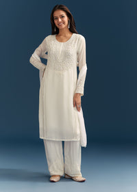 White Chinon Kurta Set With Sequins And Cut Dana Work