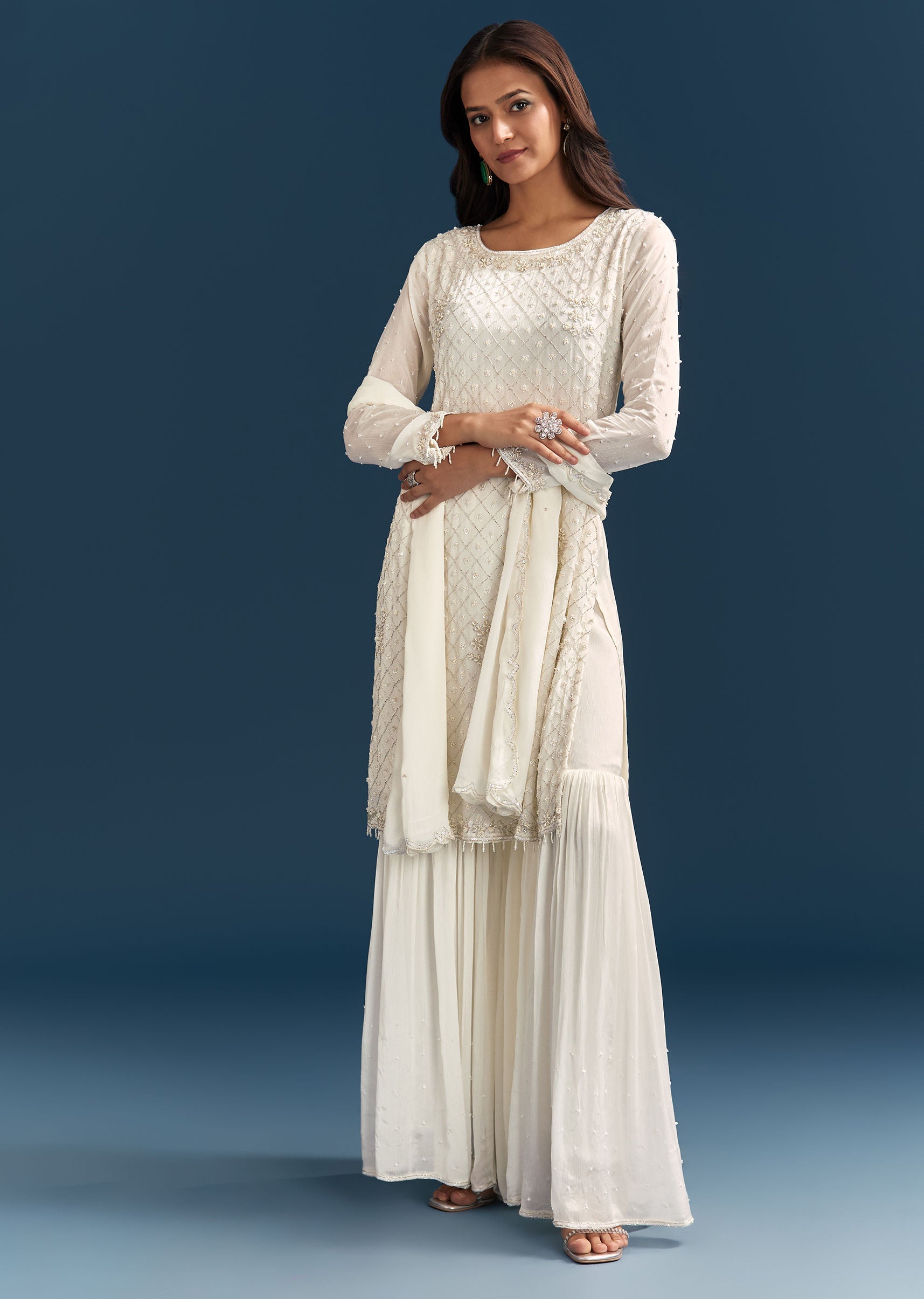White Chinon Sharara Suit With Sequins Moti And Cut Dana Detailing
