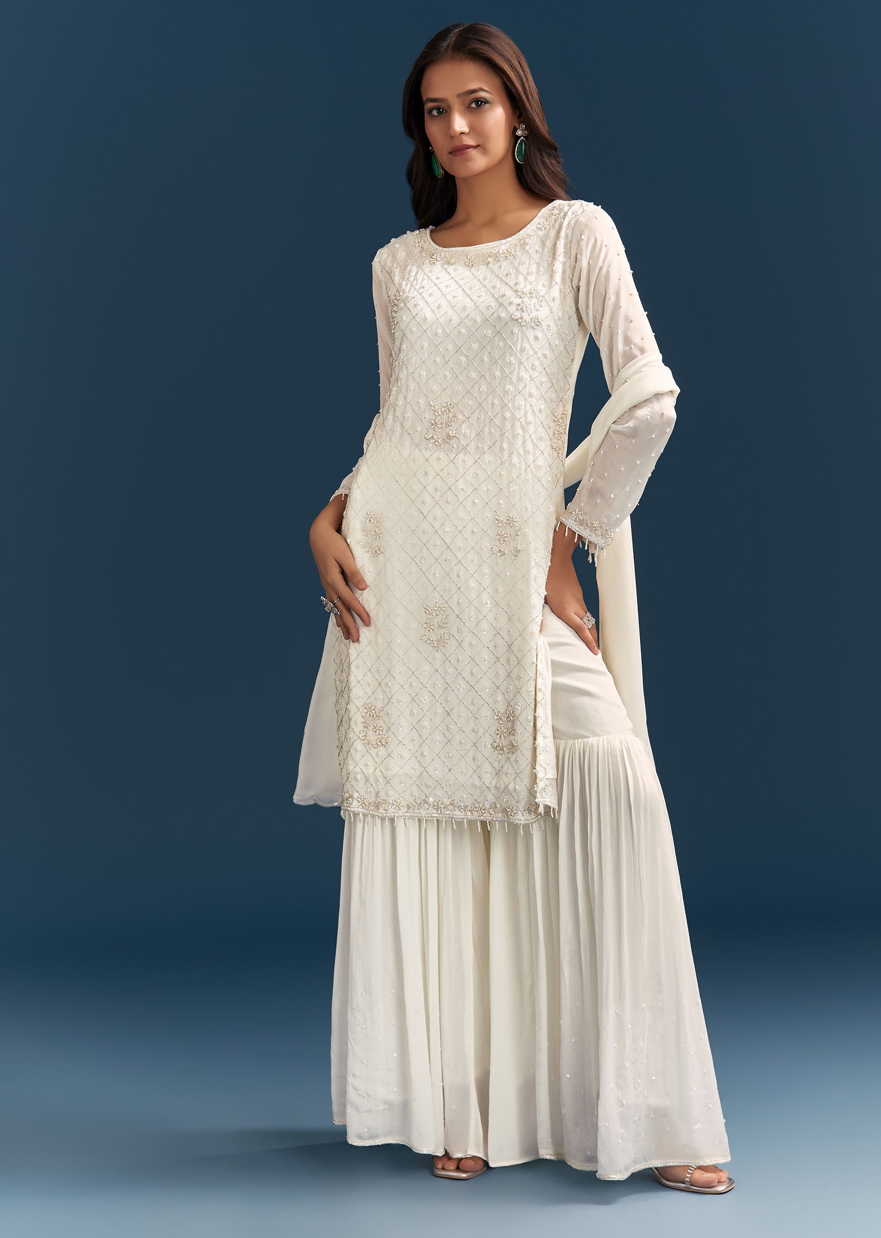 White Chinon Sharara Suit With Sequins Moti And Cut Dana Detailing