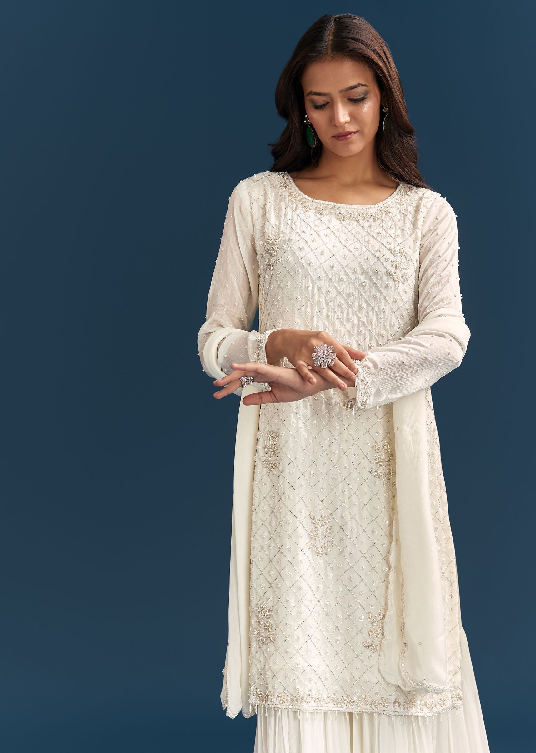 White Chinon Sharara Suit With Sequins Moti And Cut Dana Detailing