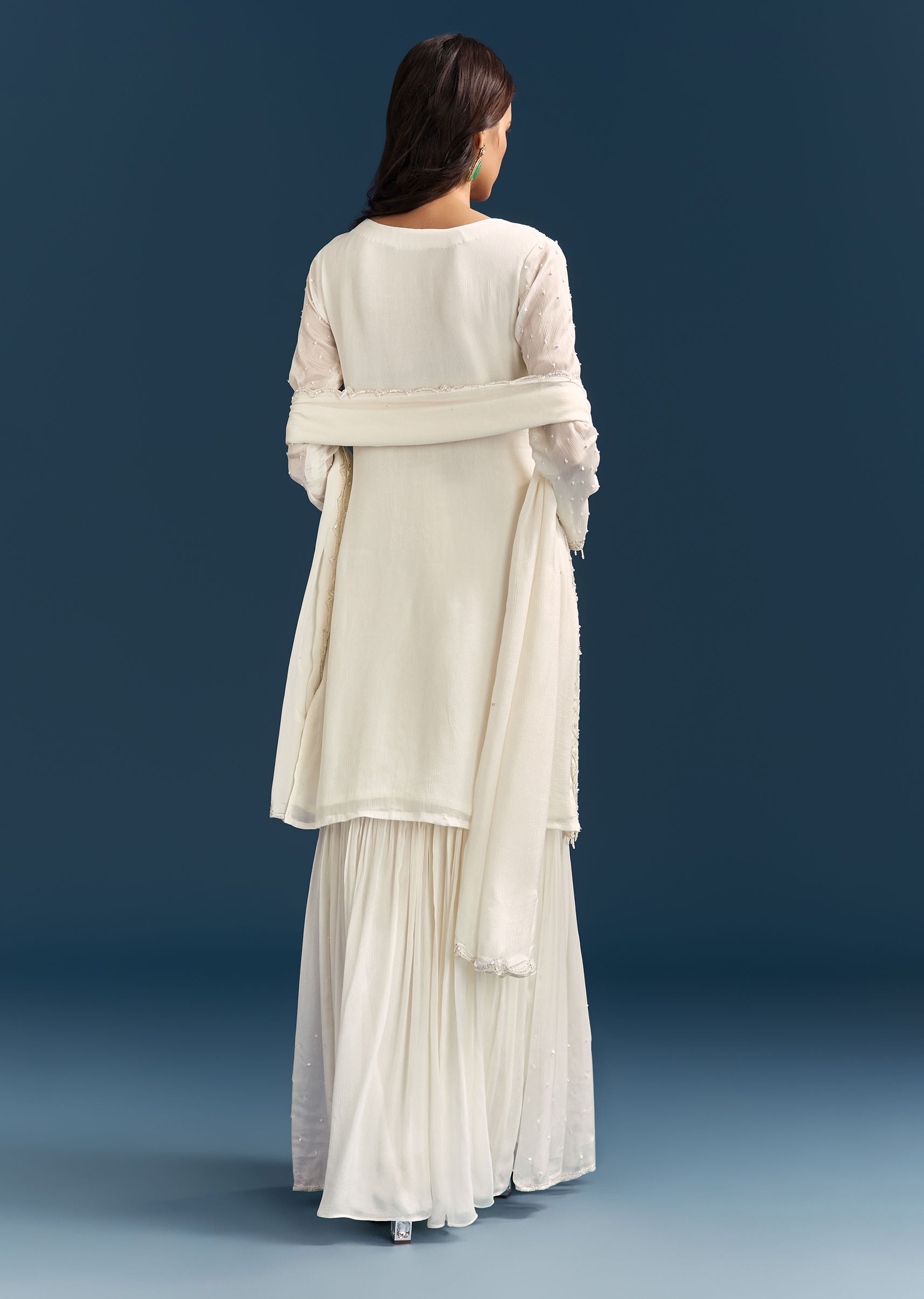 White Chinon Sharara Suit With Sequins Moti And Cut Dana Detailing