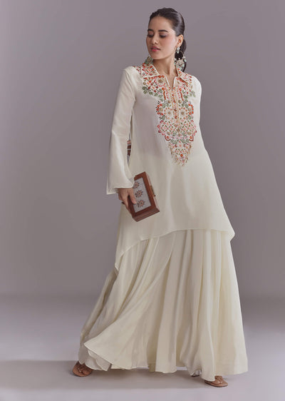 White Crepe Palazzo Suit With Thread And Resham Work